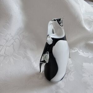 Vintage Hand-Blown Art Glass Penguin, Black & White, Solid Glass Heavy, 4"